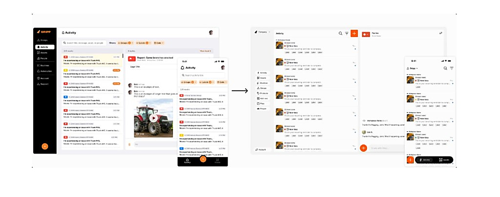 Before and after: original GRIPP Activity UI next to the redesigned lighter interface on desktop and mobile