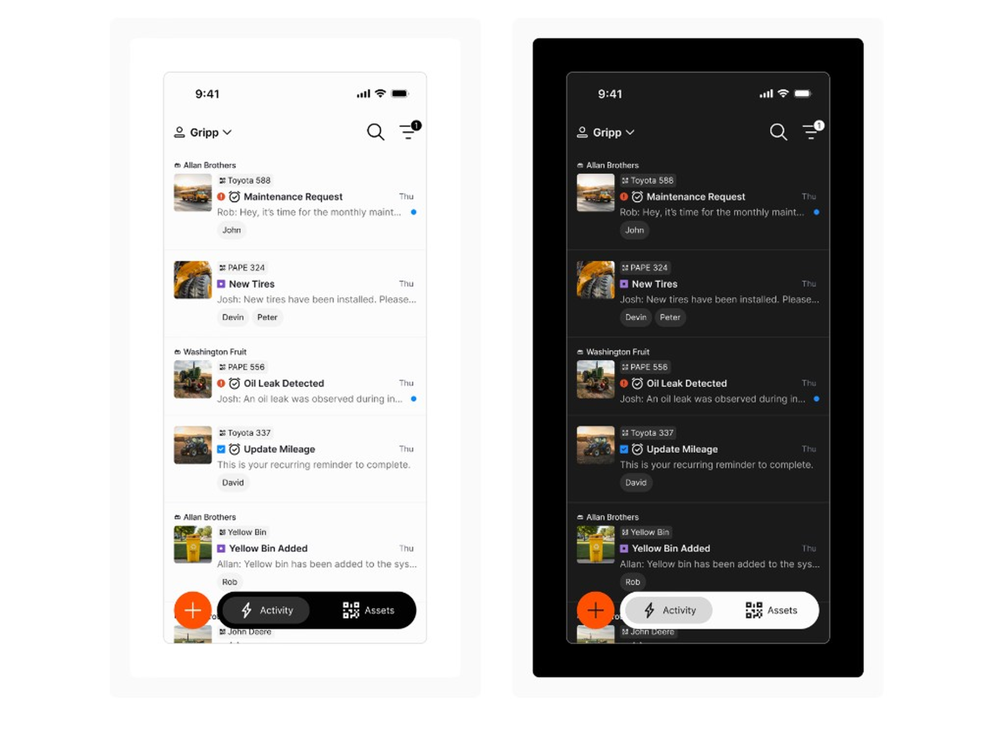 Side-by-side Gripp mobile activity list comparing light mode and dark mode themes