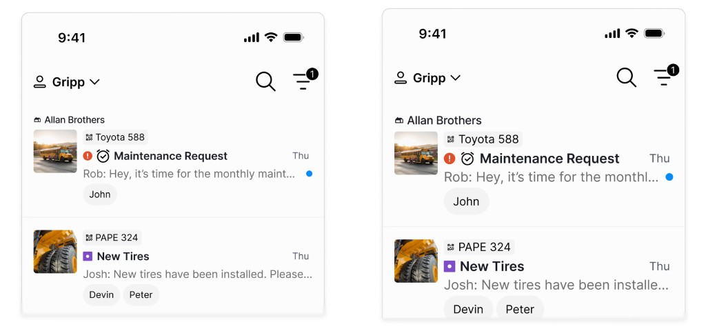 Side-by-side Gripp activity list comparing standard iOS text size and Dynamic Type accessibility sizes