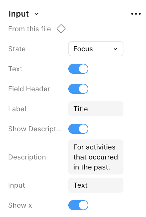 Figma Input component properties panel with state, label, and description controls