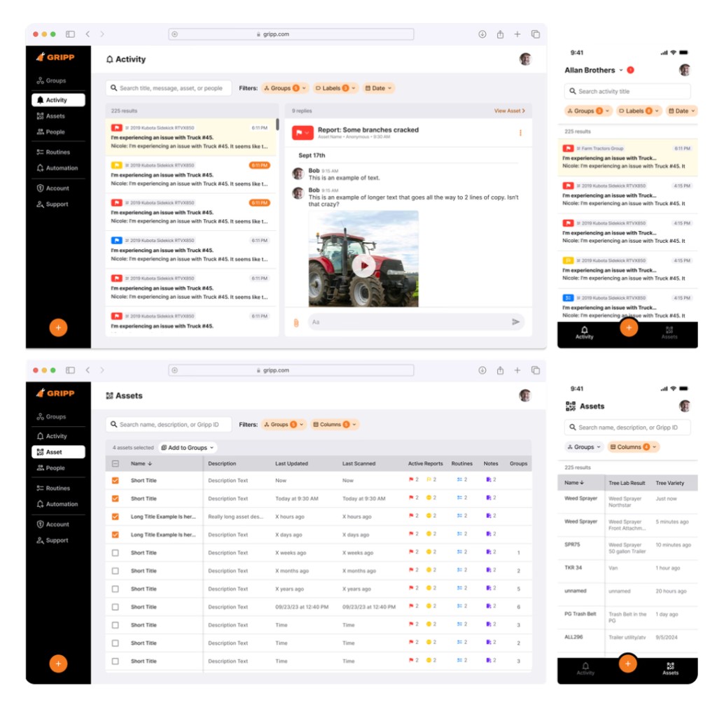GRIPP Activity and Assets interfaces on desktop and mobile reviewed in the heuristic evaluation