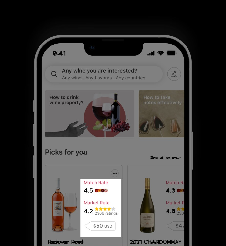 After — wine card with Match Rate, Market Rate, and price tag emphasized