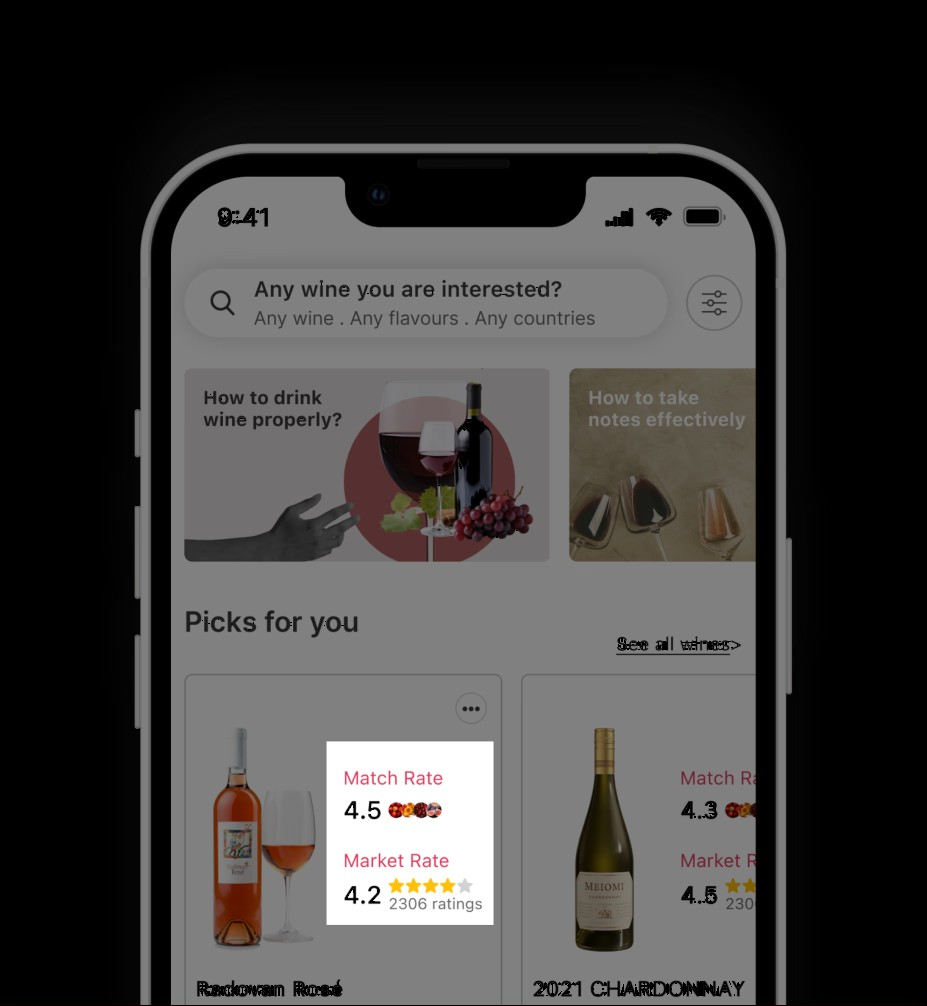 Before — wine card emphasizing Match Rate and Market Rate